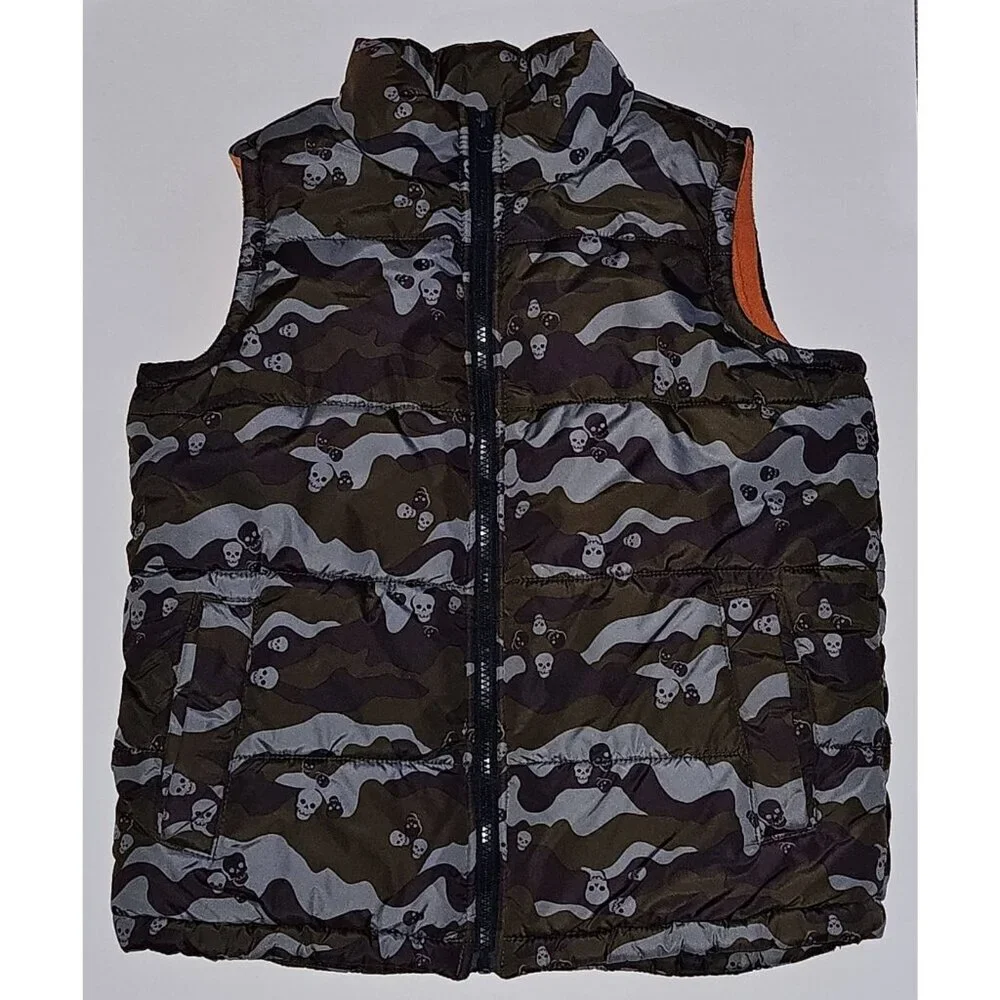 Old Navy Camouflage Skull Skeleton Puffer Vest Full-Zip Youth Medium 8 Halloween